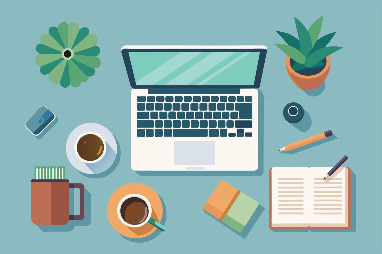 An overhead view of a workspace with a laptop, a notebook, two cups of coffee, a plant, and a pencil. vector