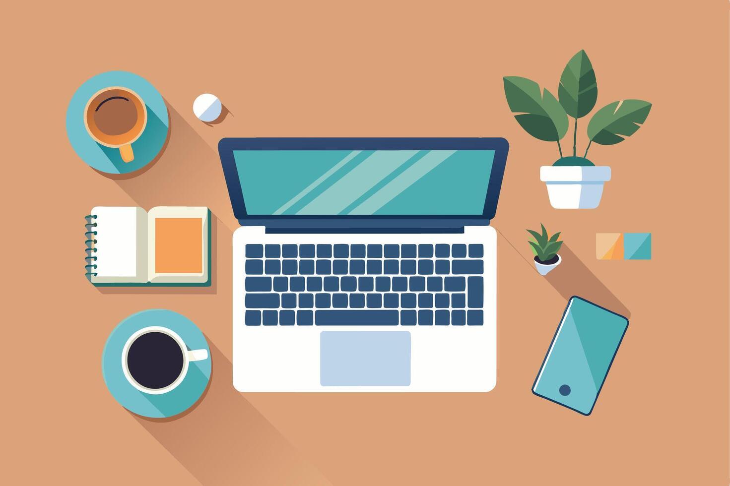 A top view of a brown workspace with a laptop computer, a cup of coffee, a notepad, plants, and a mobile phone. The laptop is open and the screen is illuminated with a soft blue light. vector