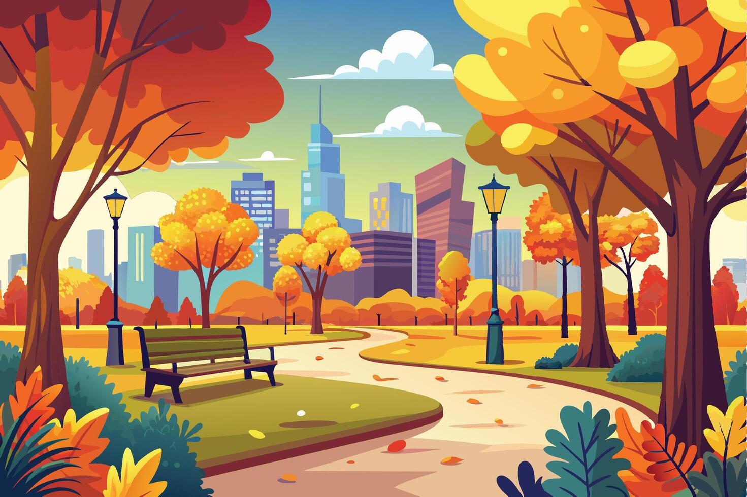 A cartoon illustration of a city park in the fall, featuring a winding path, a bench, and trees with vibrant foliage. vector