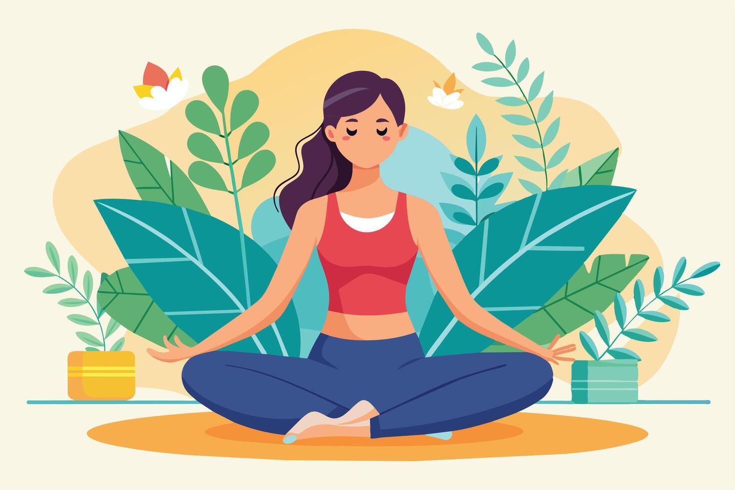 A woman sits in a yoga meditation pose, surrounded by lush green plants. She has her eyes closed and is wearing a red top and blue leggings. vector