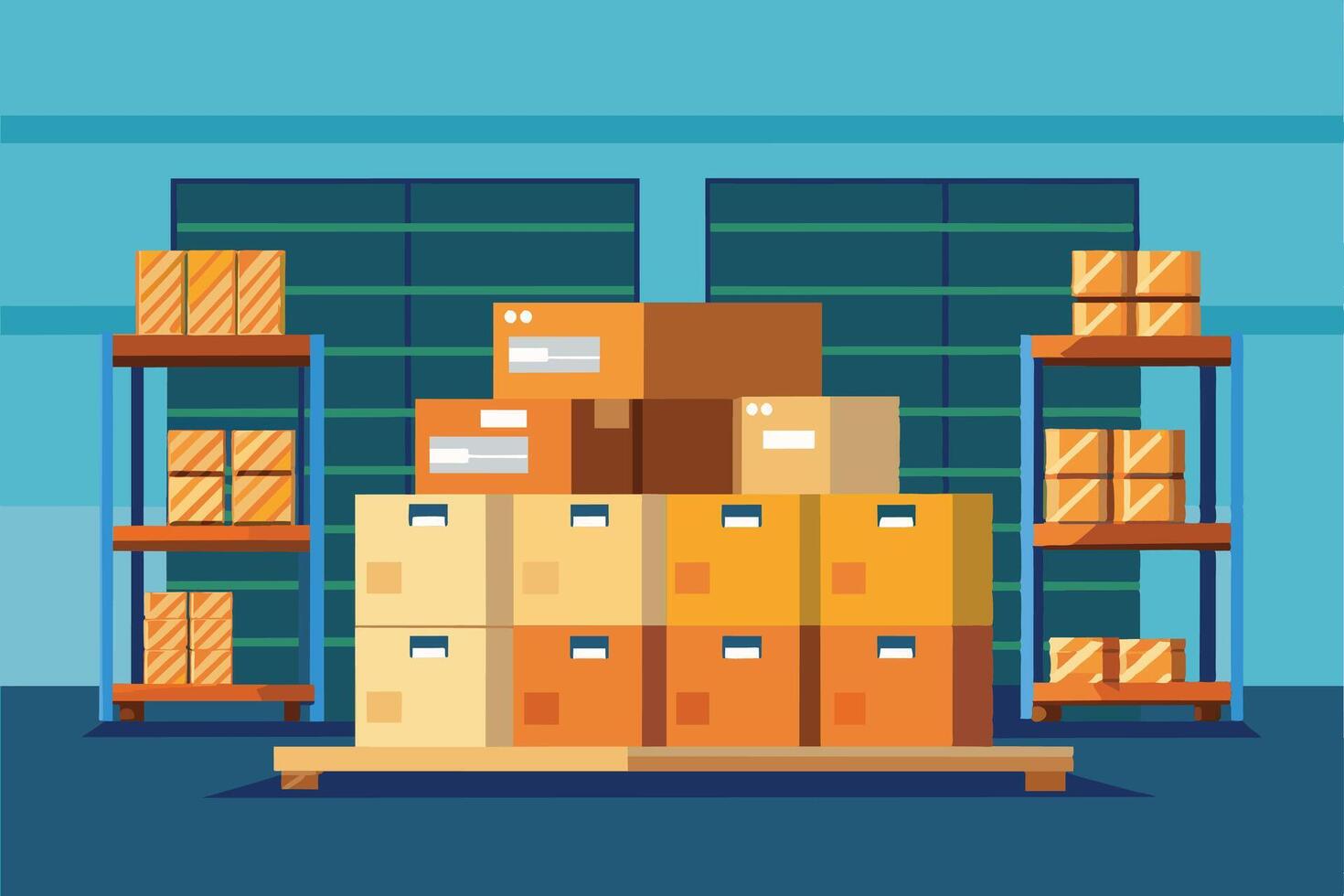 A digital illustration of a warehouse storage room with multiple shelves and a pallet of cardboard boxes. vector