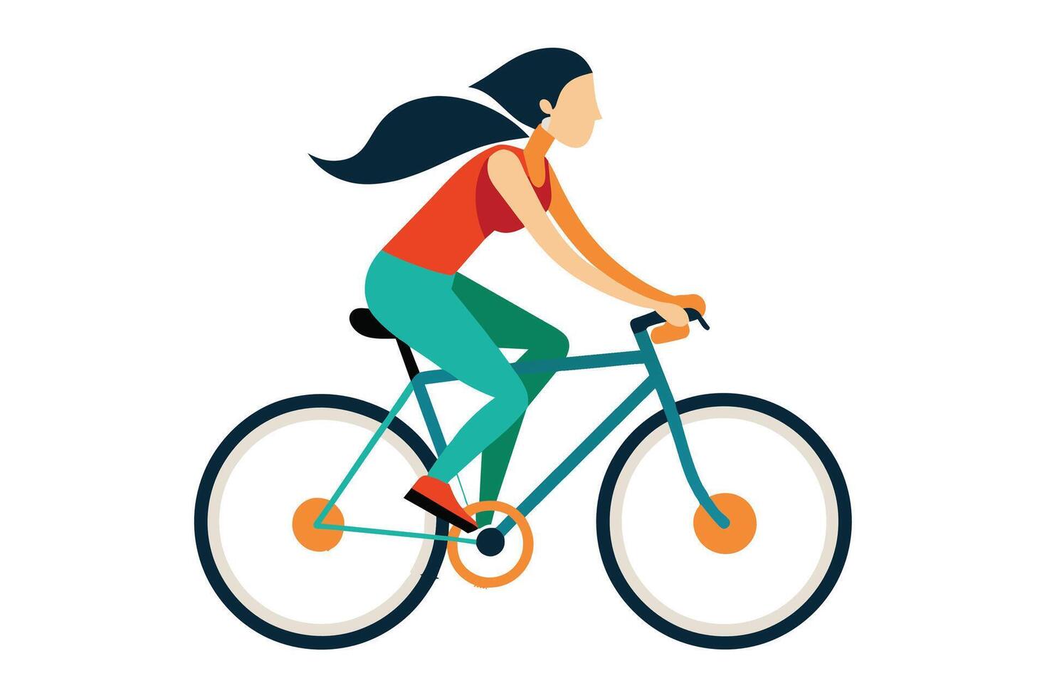 A simple, cartoon illustration depicting a woman riding a bicycle in casual clothing on a sunny day. The illustration is minimalist and emphasizes the activity of cycling. vector