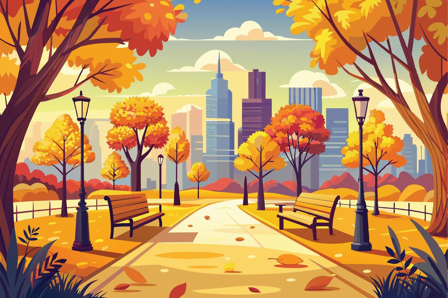 An urban park on a sunny autumn afternoon - vibrant foliage lines the path with benches on either side, tall skyscrapers in the distance. vector