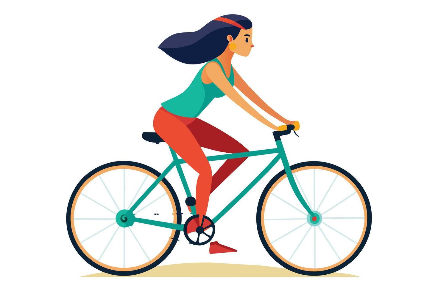 A cartoon illustration of a woman riding a teal bicycle on a white background. She is wearing a green tank top and red pants. vector
