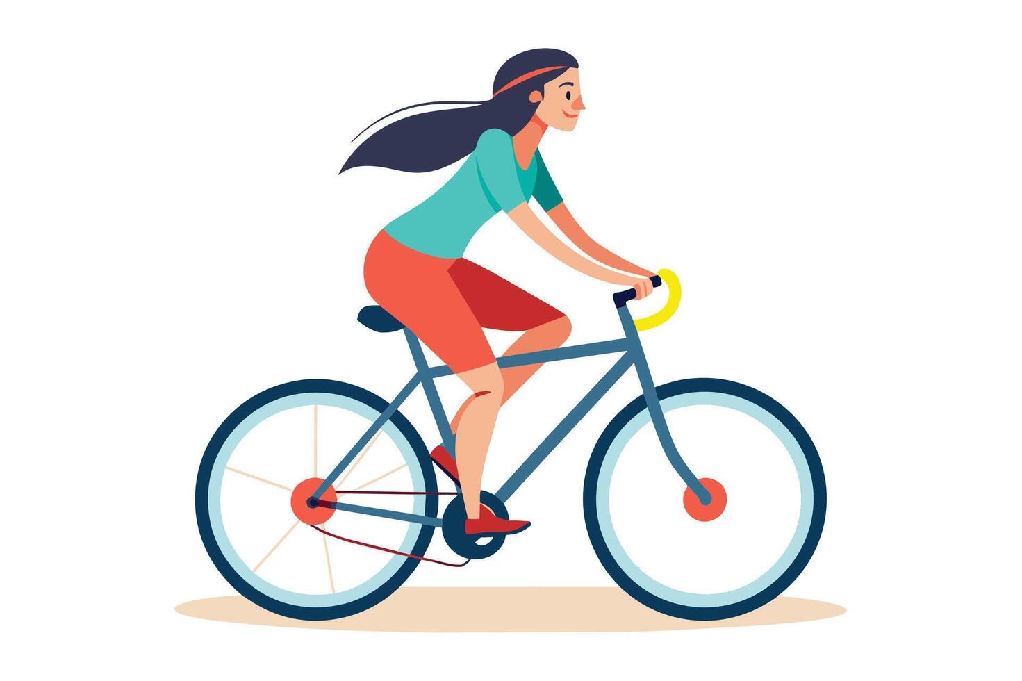 A woman with long black hair, wearing a green shirt and red shorts, is happily riding a blue bicycle with yellow handlebars outdoors. vector