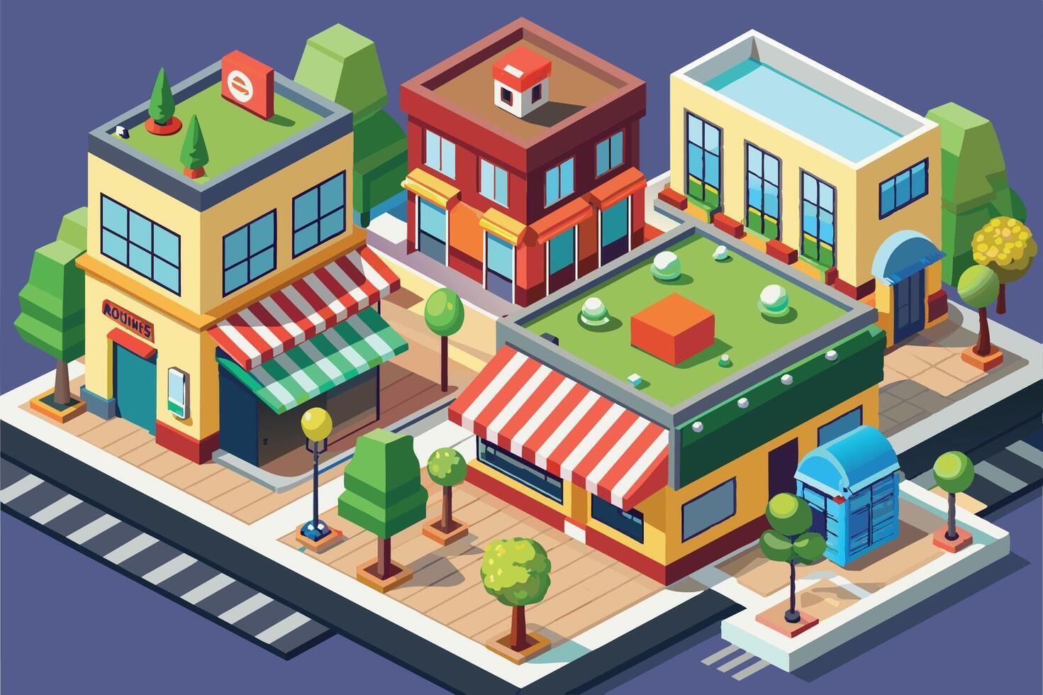 A vibrant city street illustration with diverse buildings, shops, and streetlights. Each building is unique, with some having awnings and rooftop gardens. vector