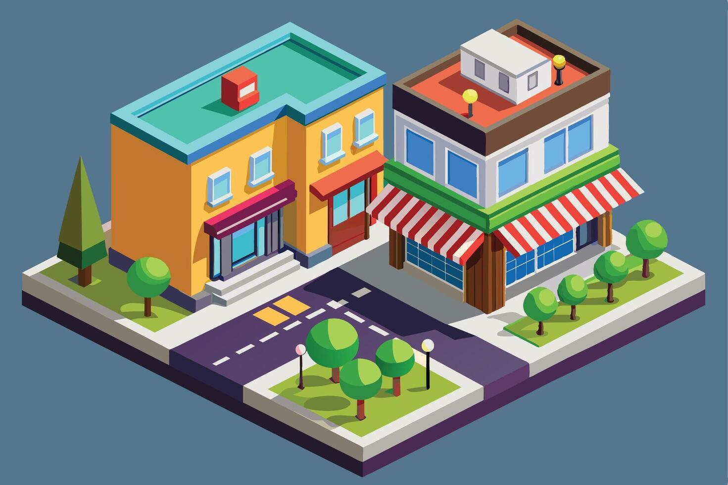 A digital illustration depicting an isometric view of a city block featuring two shops, one with a red awning and another with a red and green striped awning, surrounded by street trees. vector