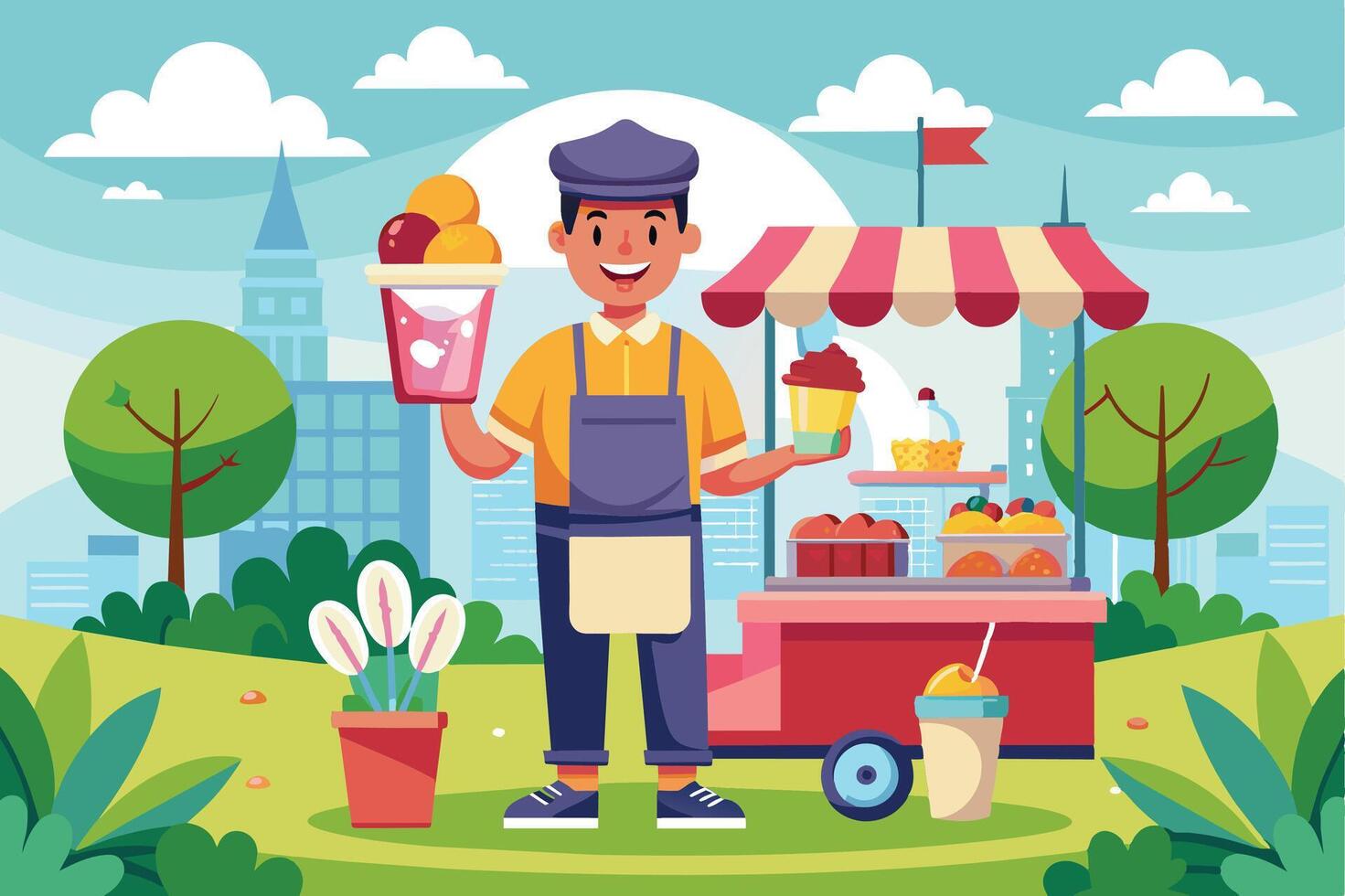 An illustration of a friendly food vendor selling treats in an urban park on a sunny day. The vendor is holding a cup of shaved ice and smiling at customers. vector
