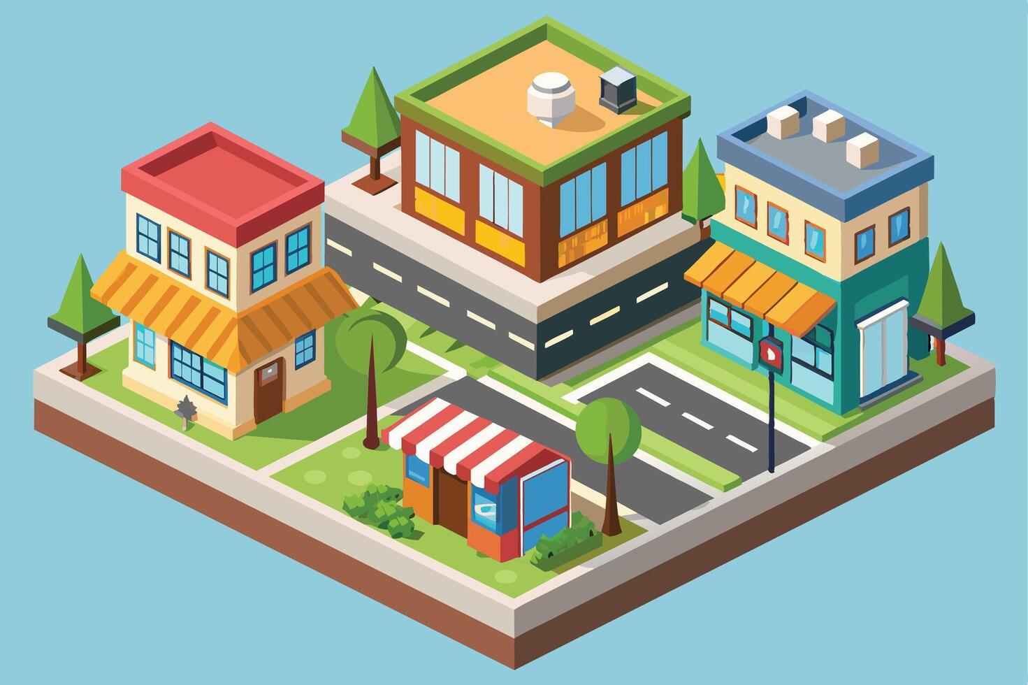 A colorful isometric illustration depicting a small town cityscape with buildings, streets, trees, and a street vendor. vector