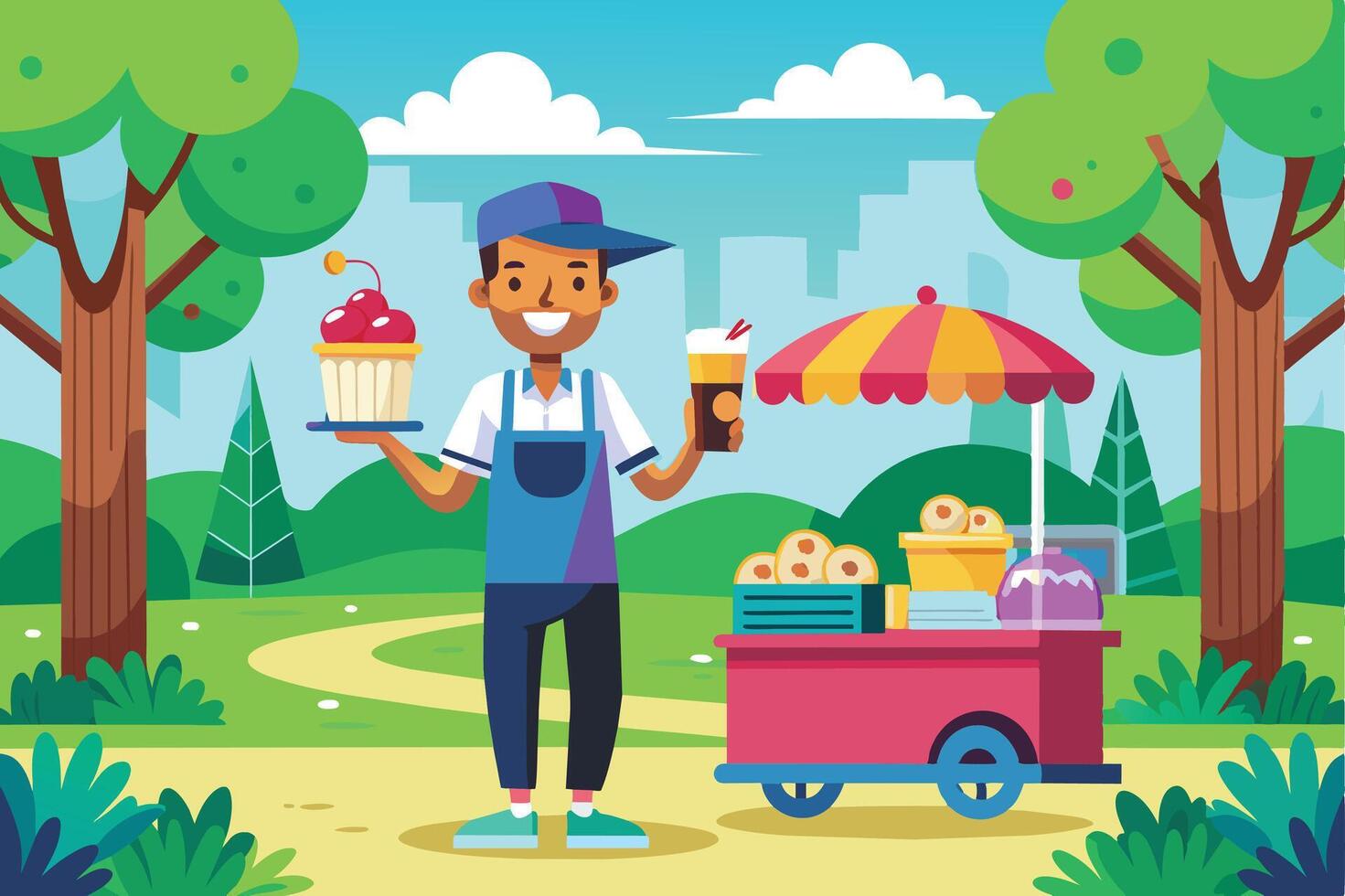 A smiling vendor stands in a park on a sunny day, holding a cake and a cup of coffee, with his food cart beside him. vector