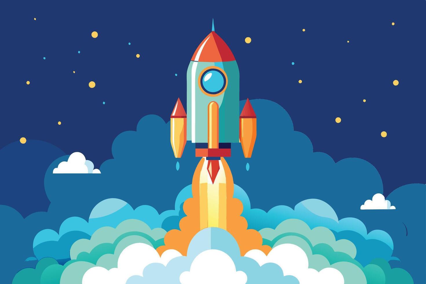 A stylized rocket with red and orange accents bursts through clouds in a night sky with bright stars. vector
