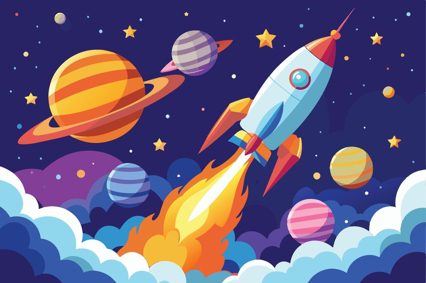 An illustration of a rocket launching through space with planets and stars in the background. vector