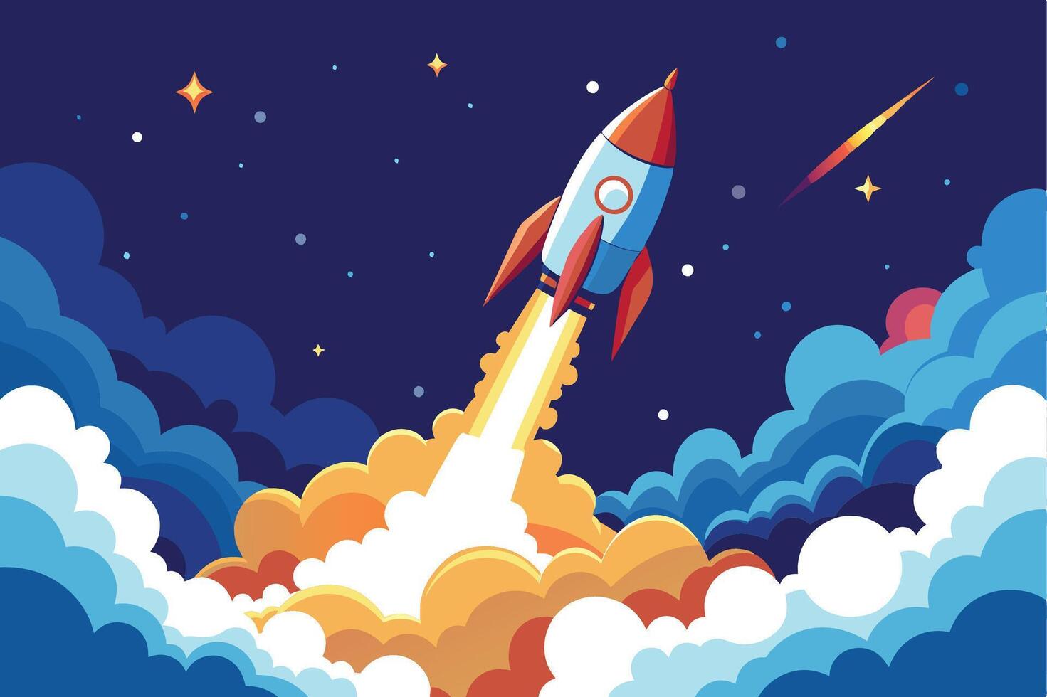 A rocket launches into space, leaving a fiery trail. Its red and blue, with white clouds and a dark sky filled with stars. vector