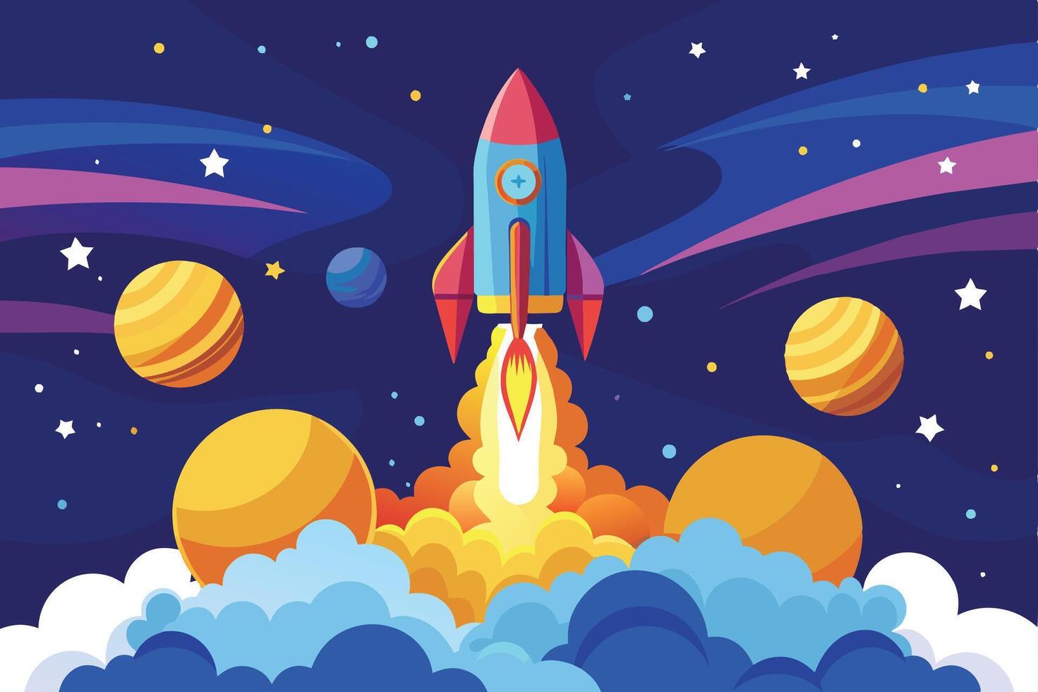 A cartoon rocket blasts off into space surrounded by planets, stars, and clouds. vector