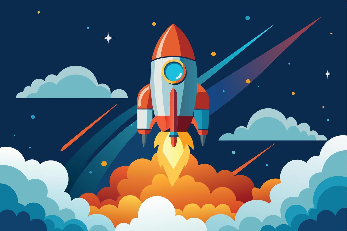 An illustration of a red and white rocket launching through a dark blue sky filled with stars and white clouds. The rocket is leaving a trail of orange fire. vector