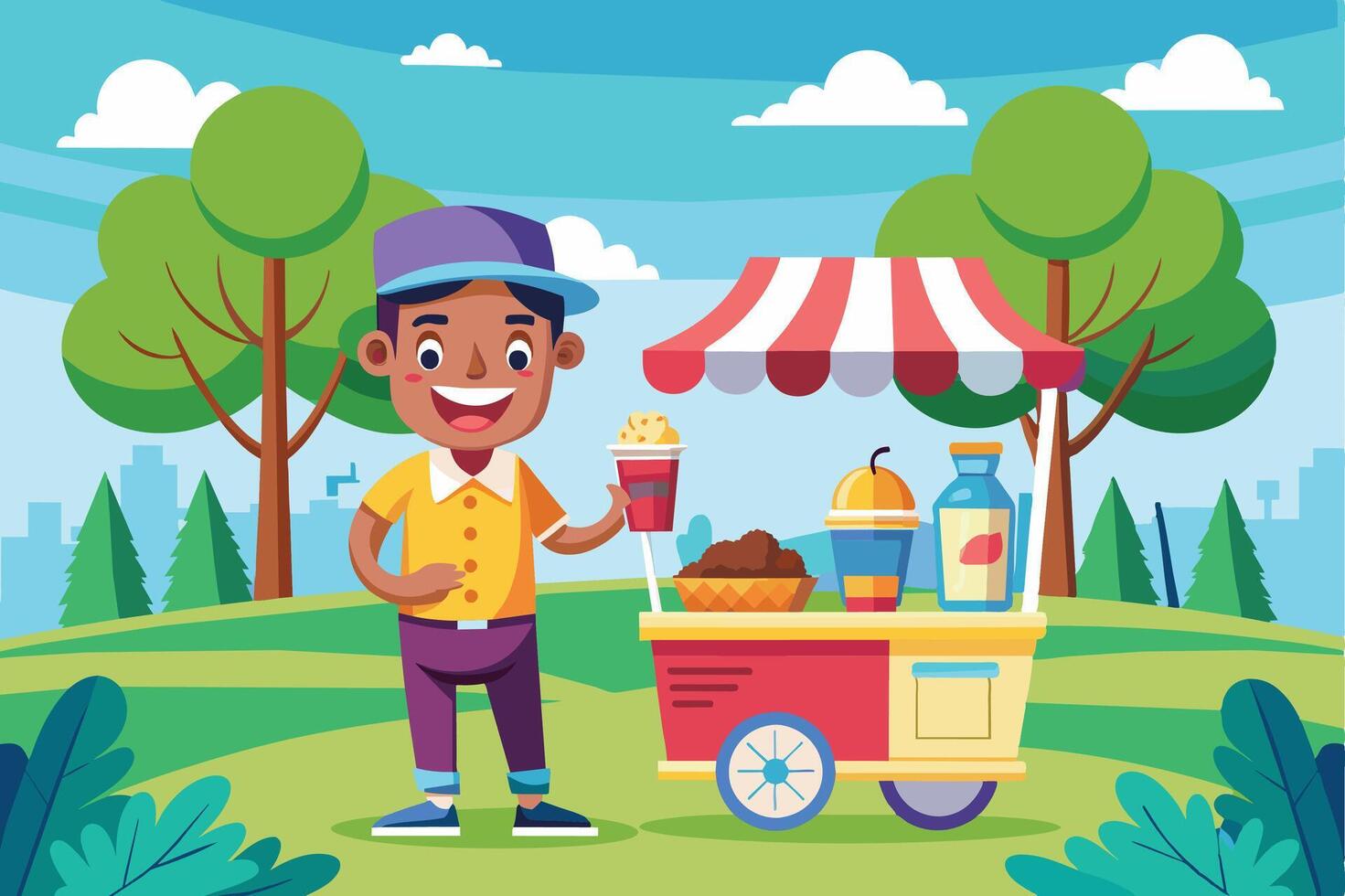 A cartoon boy with a big smile stands beside a food cart in a park, selling snacks to passersby on a sunny day. vector