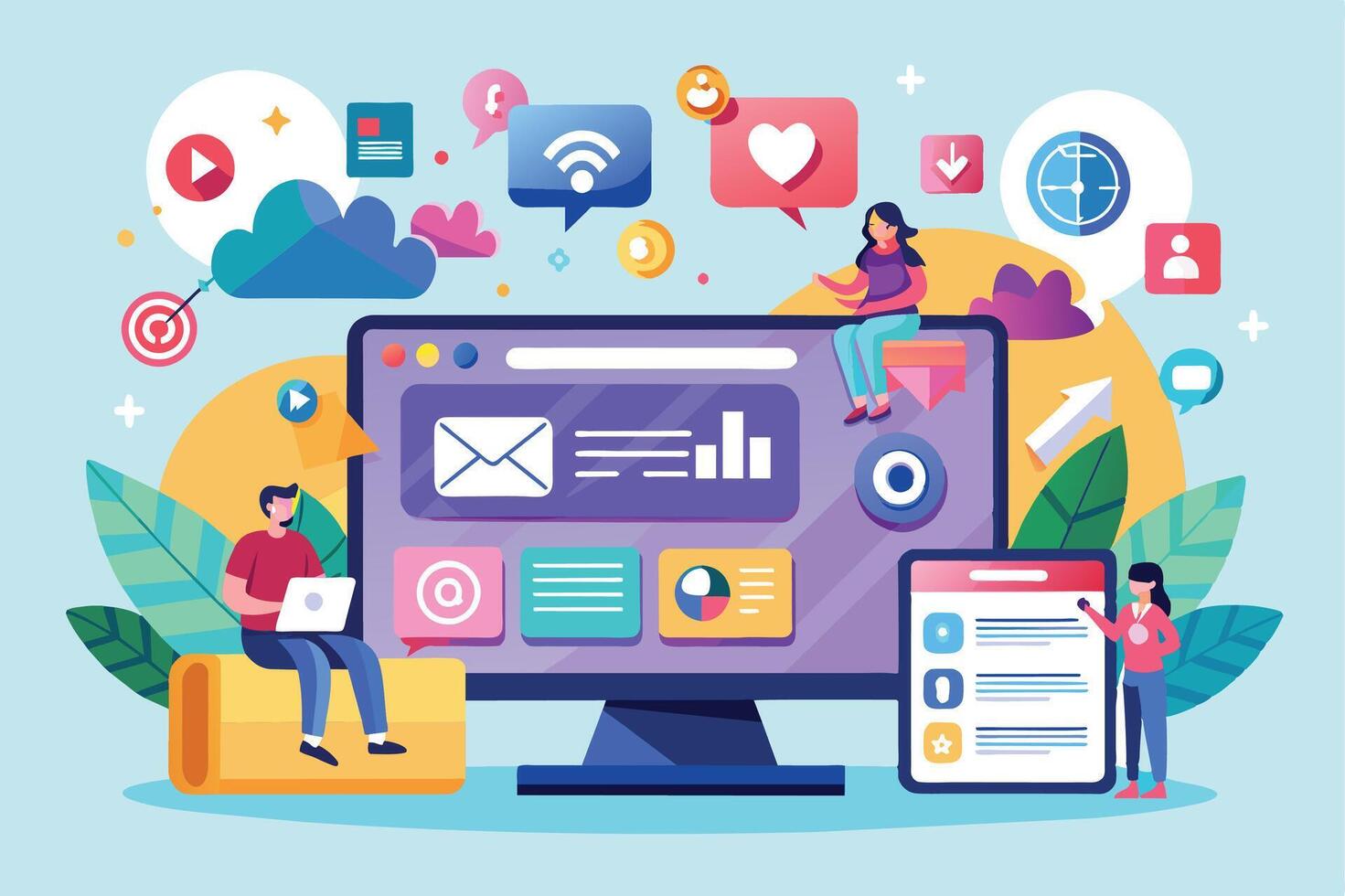 An illustration depicting three people using a desktop computer and tablet to engage in online communication, social media, and business activities. vector