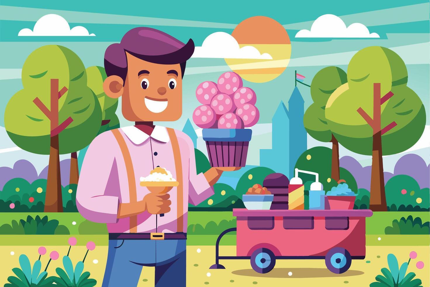 Cheerful man in park on sunny day holds ice cream cone and potted plant. Background shows food cart with snacks and beverages. vector