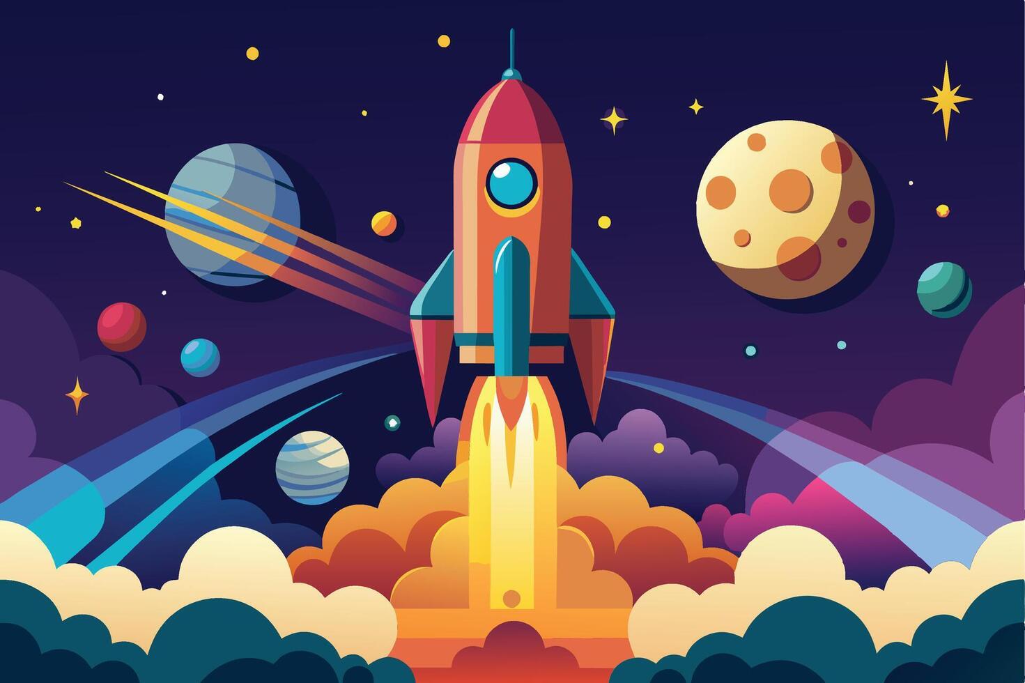 A digital illustration depicting a colorful rocket launching into space. The rocket is surrounded by planets, stars, and clouds. vector