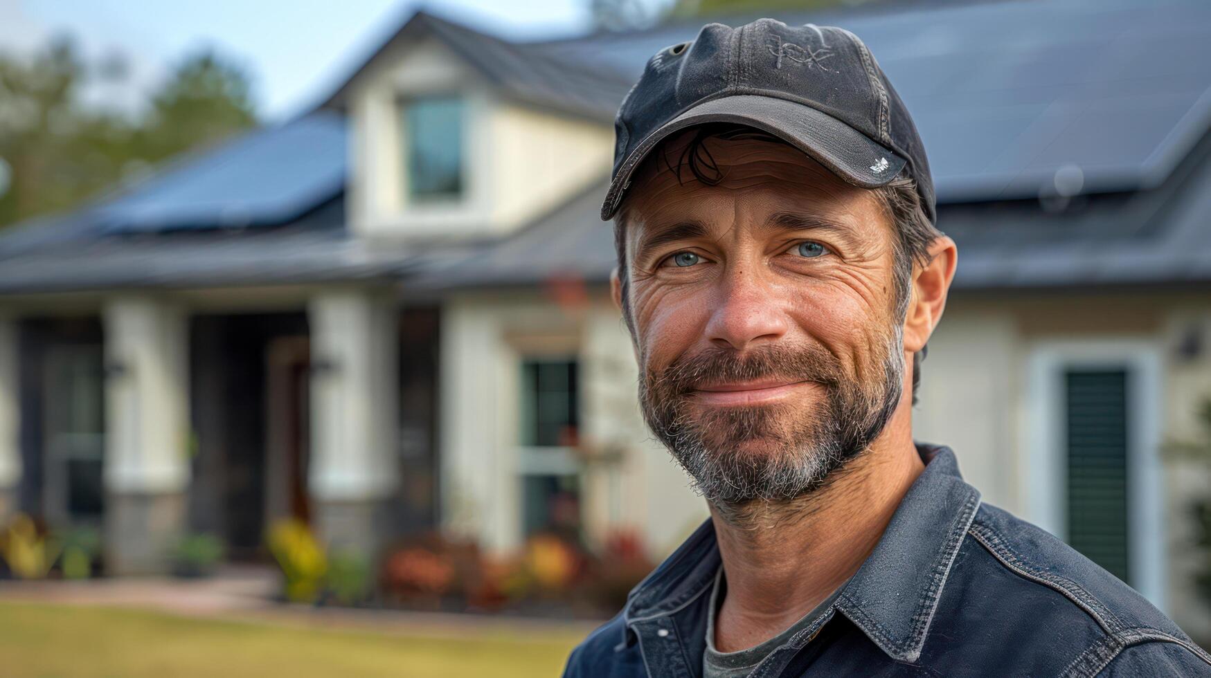 A Solar panel installer Solar panel expert stands in front of a completed solar panel roof. photo