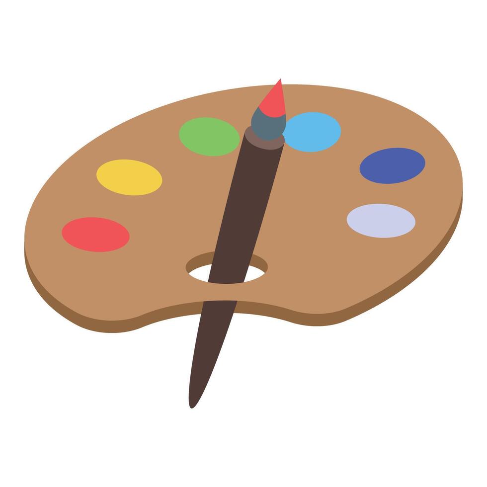 Wooden palette with paintbrush and colorful paints isometric view vector