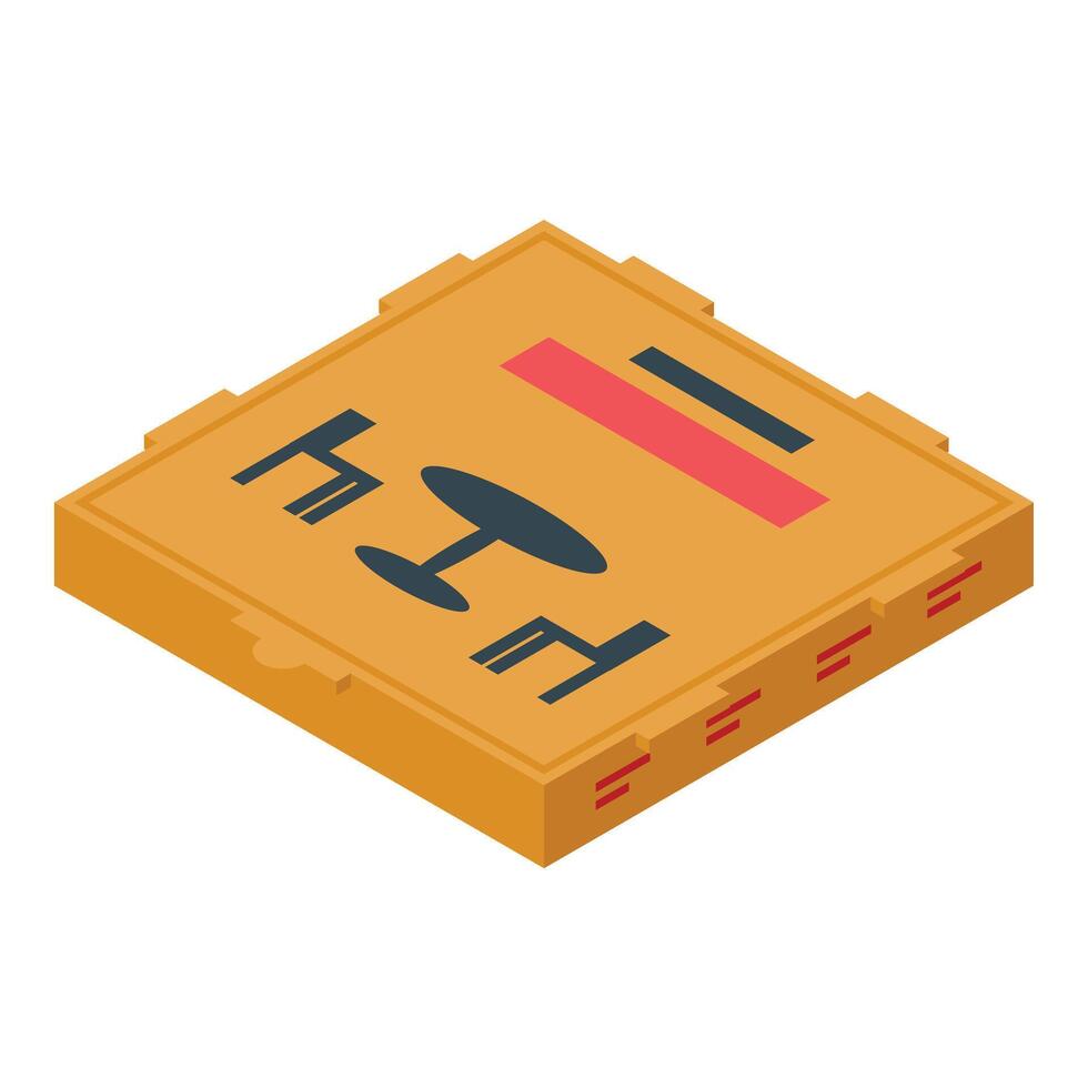 Closed cardboard pizza box with table and chairs logo representing restaurant food delivery service vector