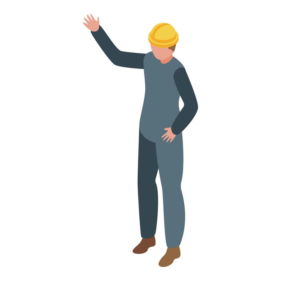 Construction worker wearing hard hat raising hand isometric illustration vector