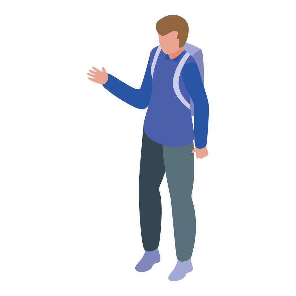 Young man with backpack standing and pointing with hand isometric icon vector