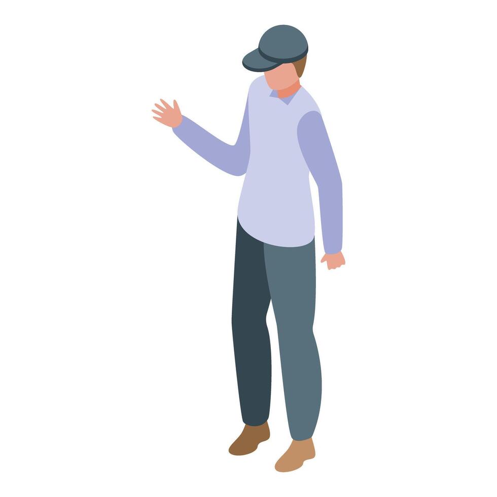Delivery man wearing uniform is waving hand isometric icon vector