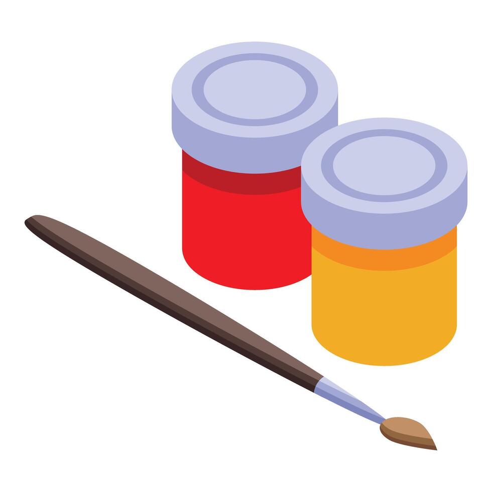 Paintbrush lying near two paint cans isometric illustration vector