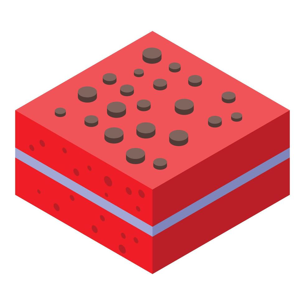 Square red velvet chocolate chip cake slice isometric view vector