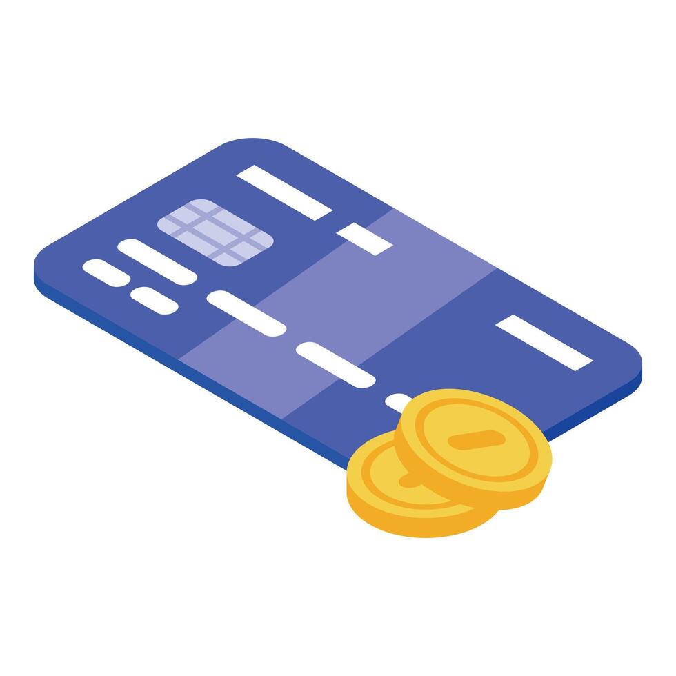 Blue credit card lying near two golden coins in isometric view vector