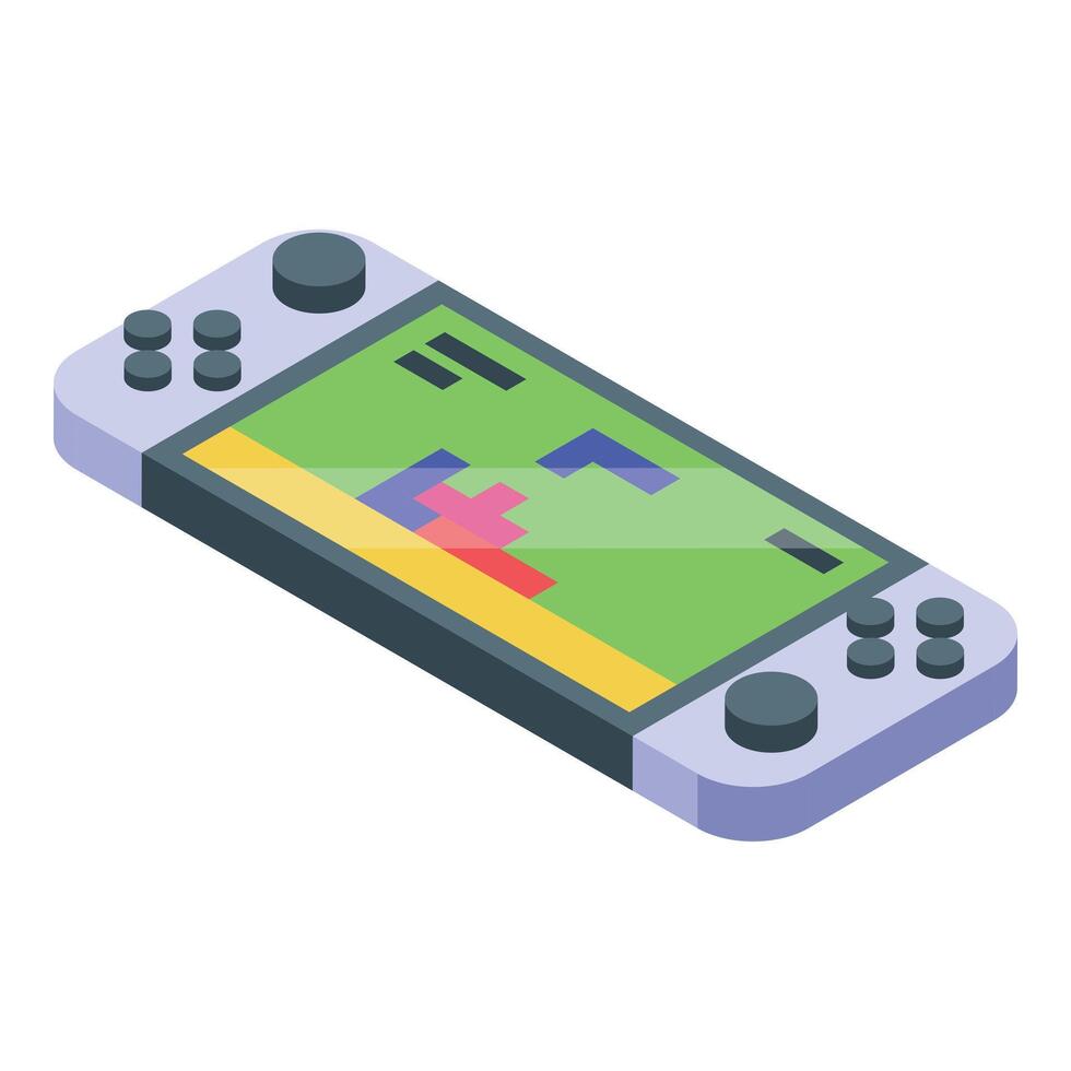 Portable gaming console displaying puzzle game in isometric view vector