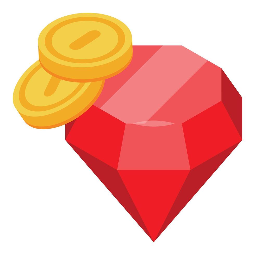 Big red gemstone with two gold coins isometric icon vector