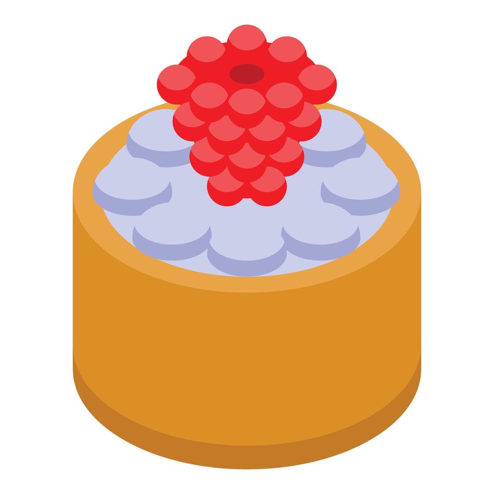 Delicious round cake decorated with whipped cream and raspberries vector