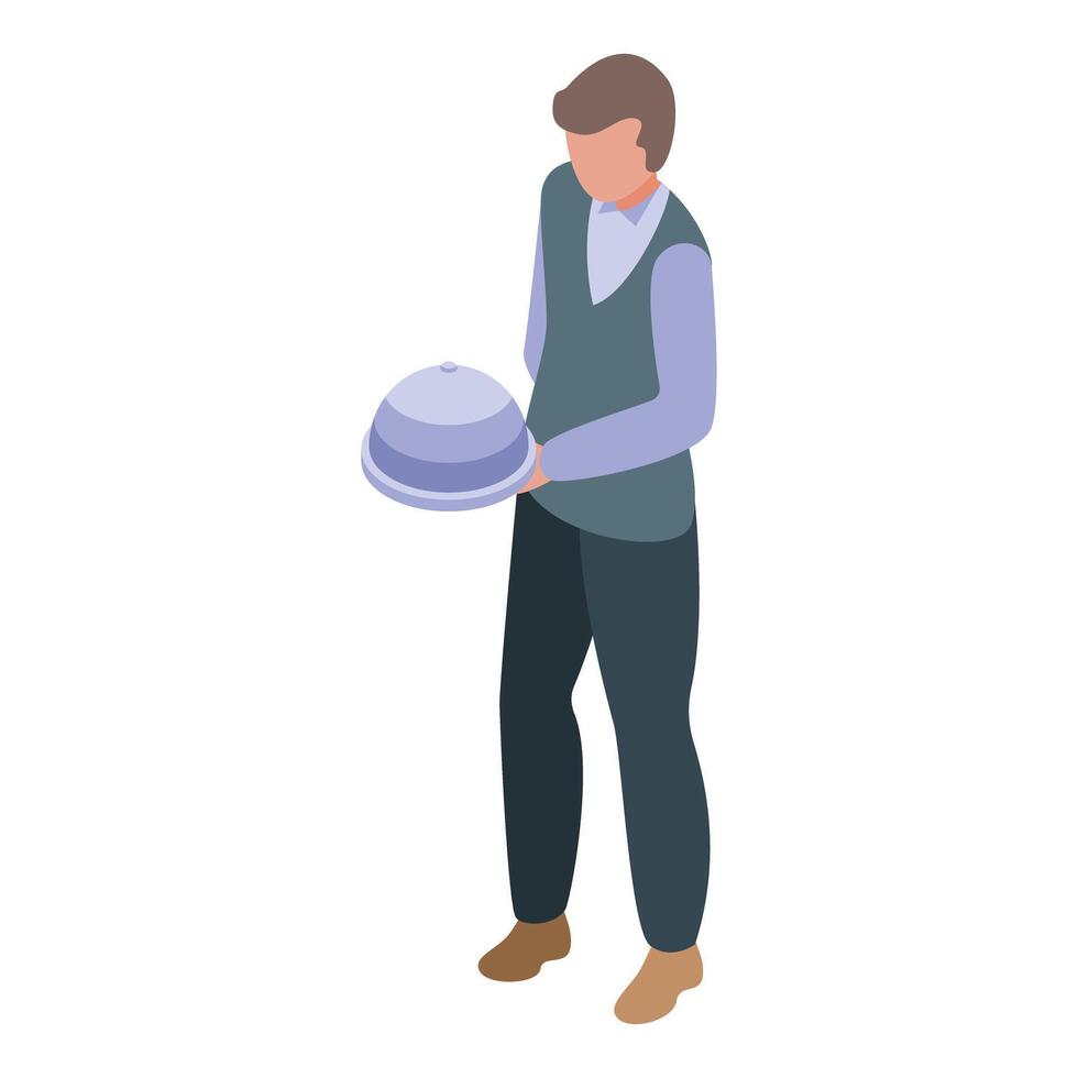 Waiter holding cloche plate isometric icon vector