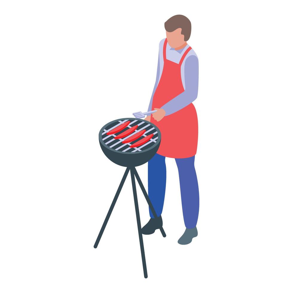 Man is grilling sausages on a barbecue vector