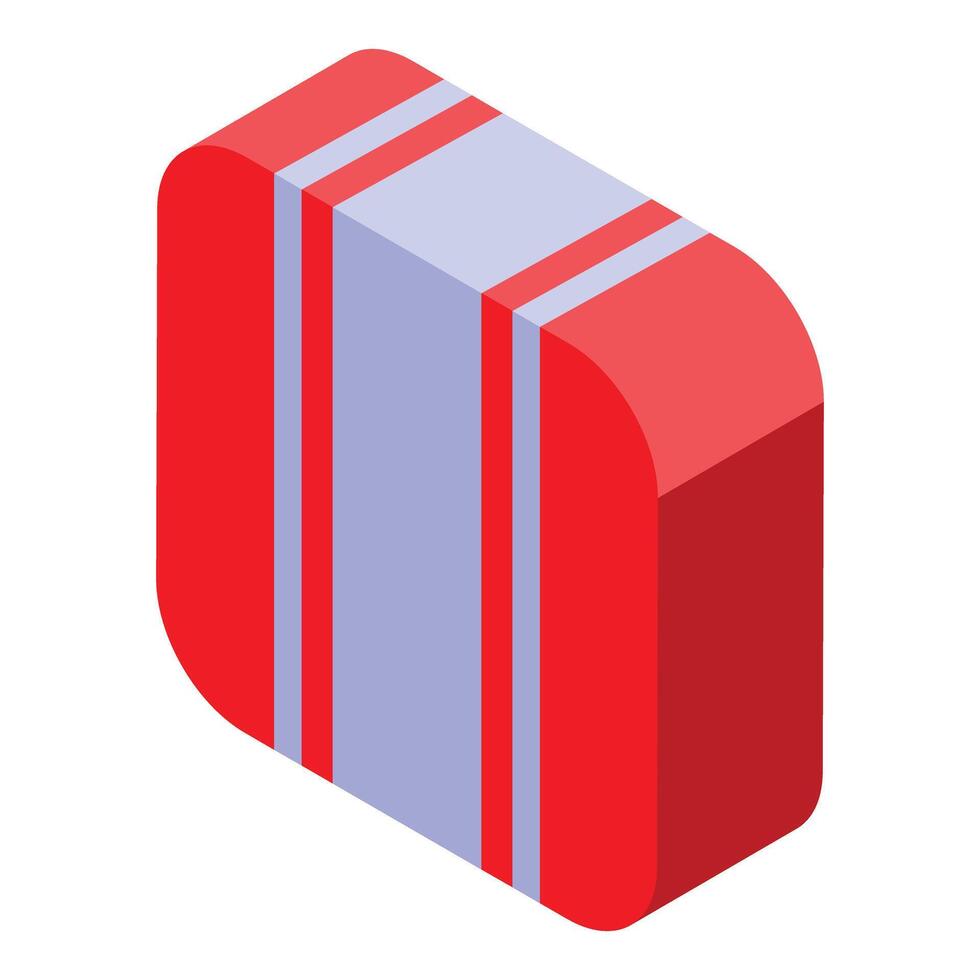 Red candy bar wrapped in foil with blue stripes isometric icon vector