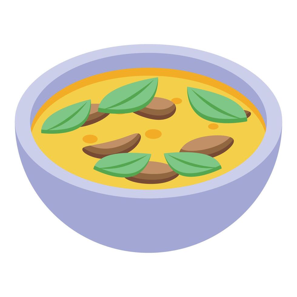 Mushroom soup decorated with fresh basil leaves isometric icon vector