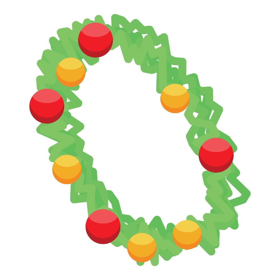 Christmas wreath decorated with red and yellow baubles, hanging on white background vector