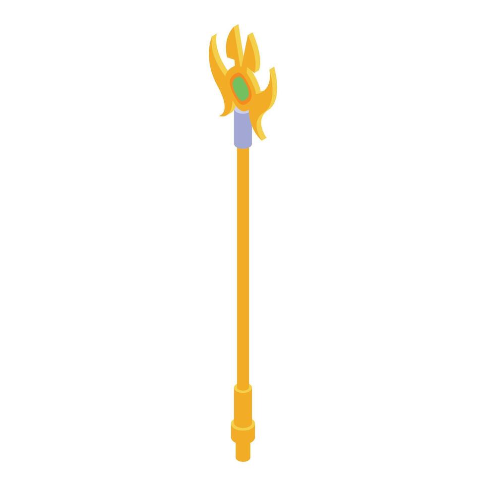Golden magic staff with green gem isometric view vector