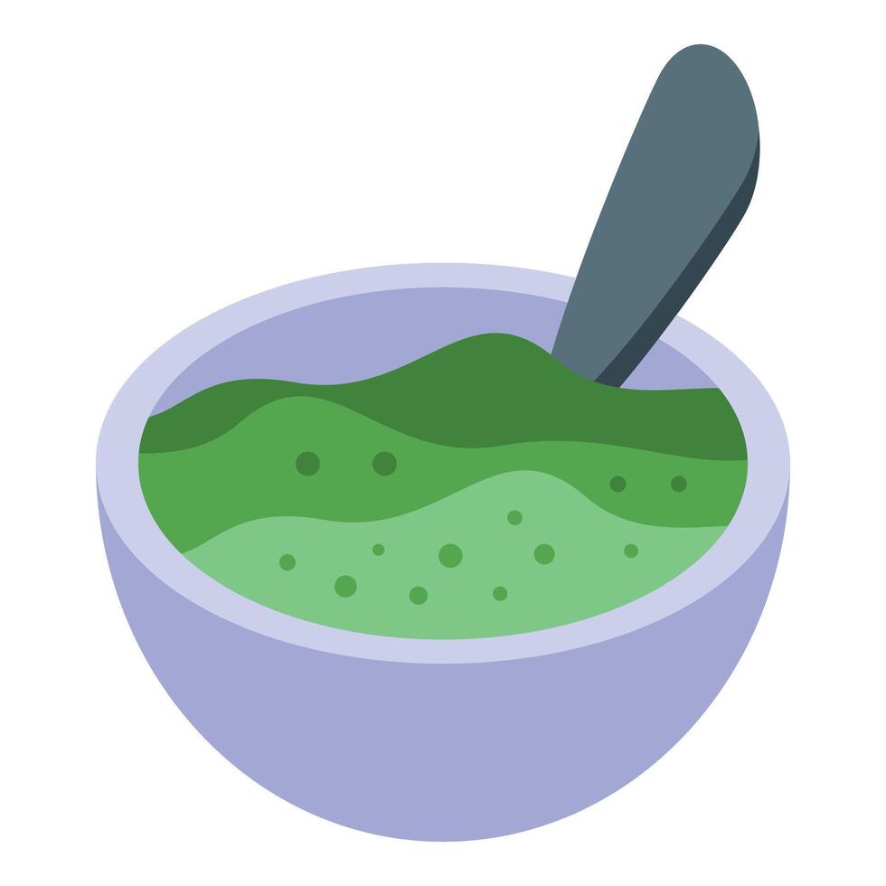 Bowl containing green smoothie with spoon resting inside vector