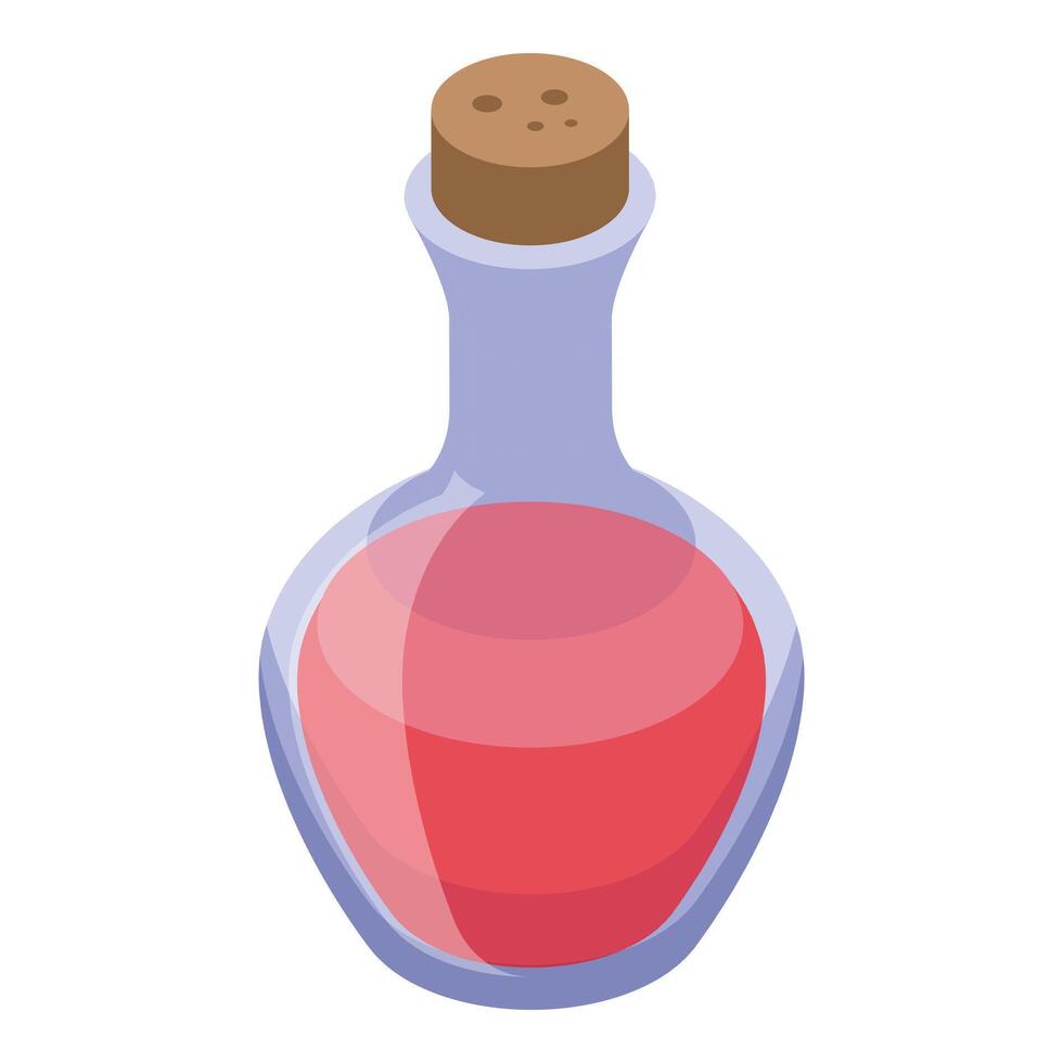 Glass flask containing red potion with cork stopper isometric illustration vector