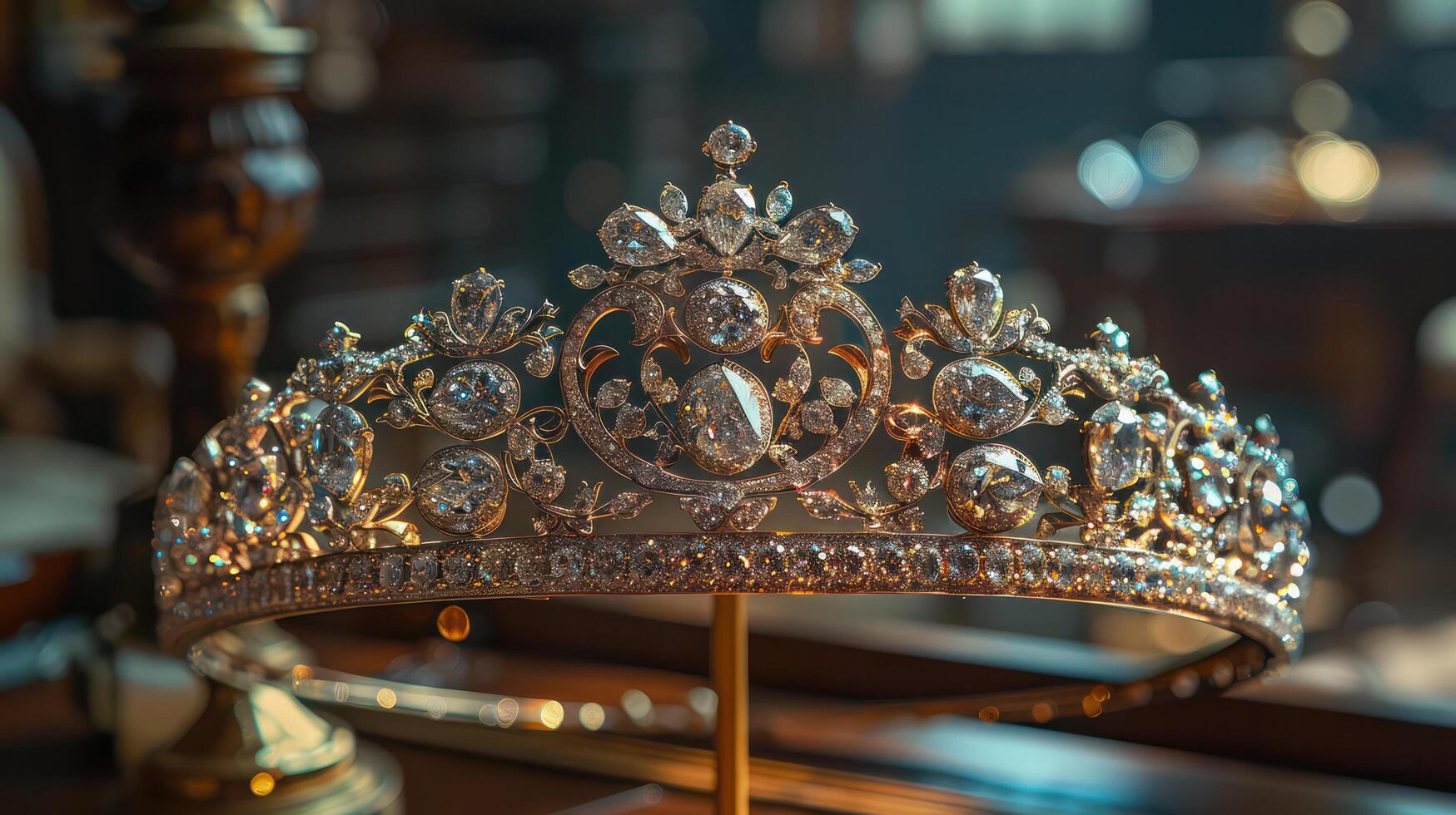 Diamond crown on display stand Shining gracefully under the soft light photo