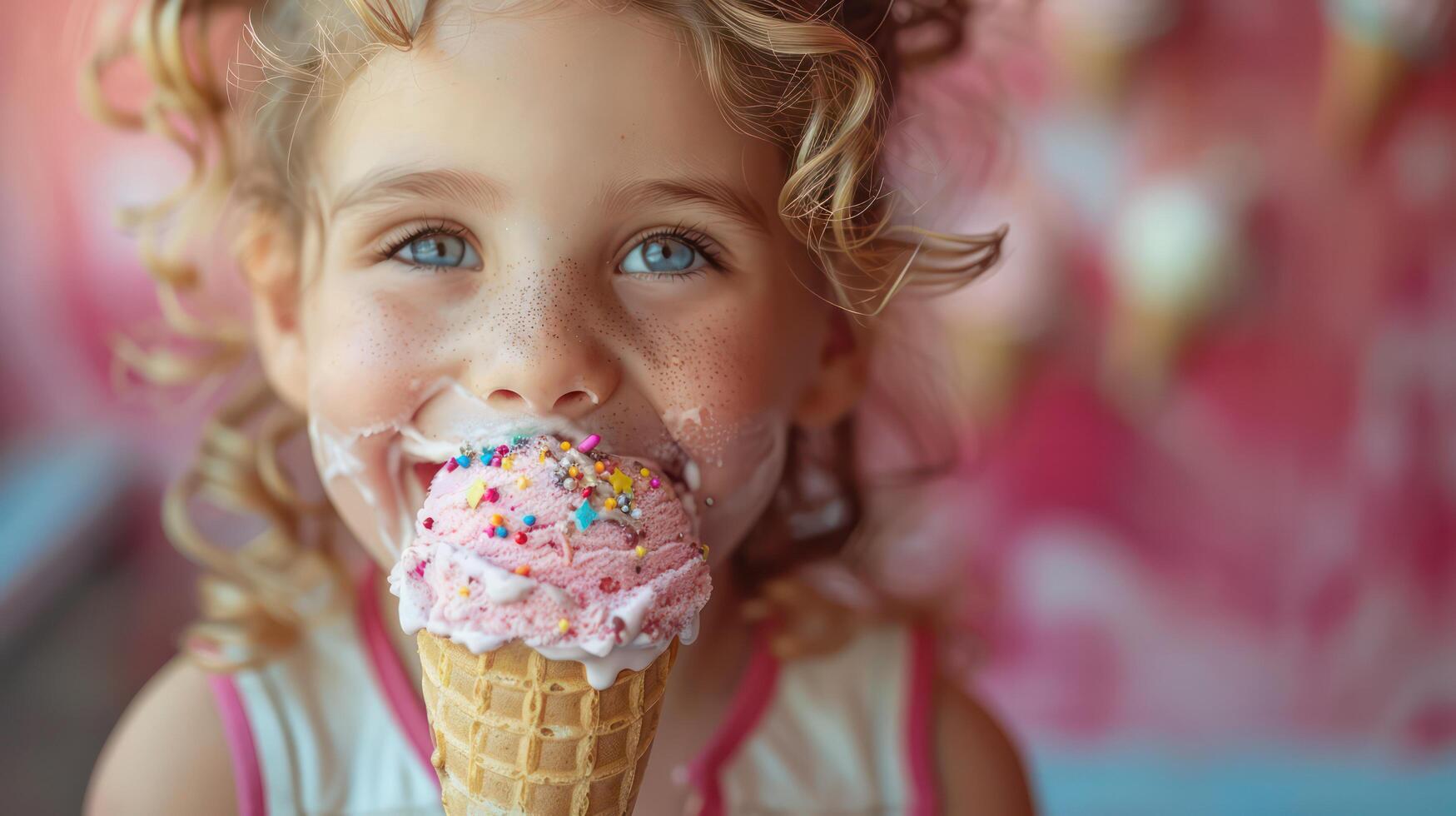 A child licking a melting ice cream cone, with colorful sprinkles and a big smile. photo