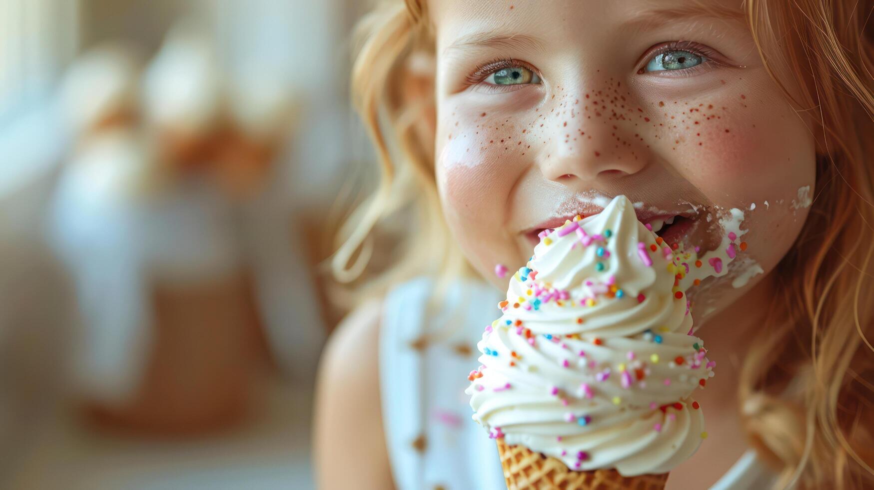 A child licking a melting ice cream cone, with colorful sprinkles and a big smile. photo