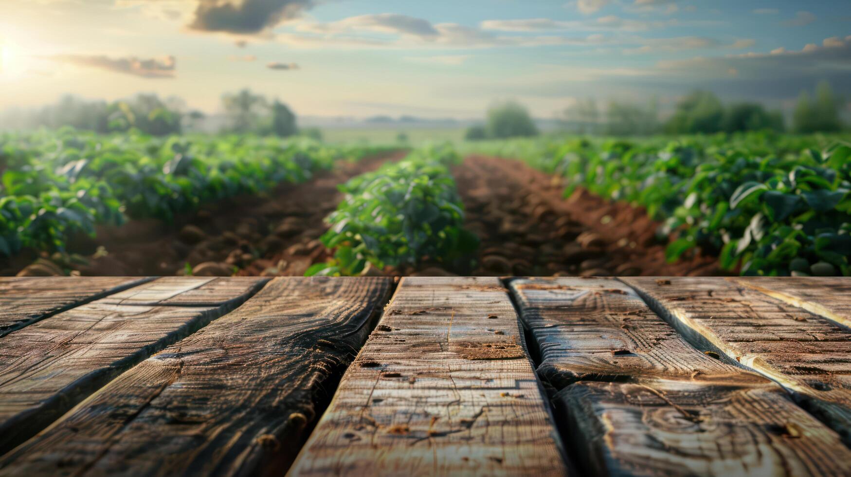 A Wooden table background with potato field groove in background. photo