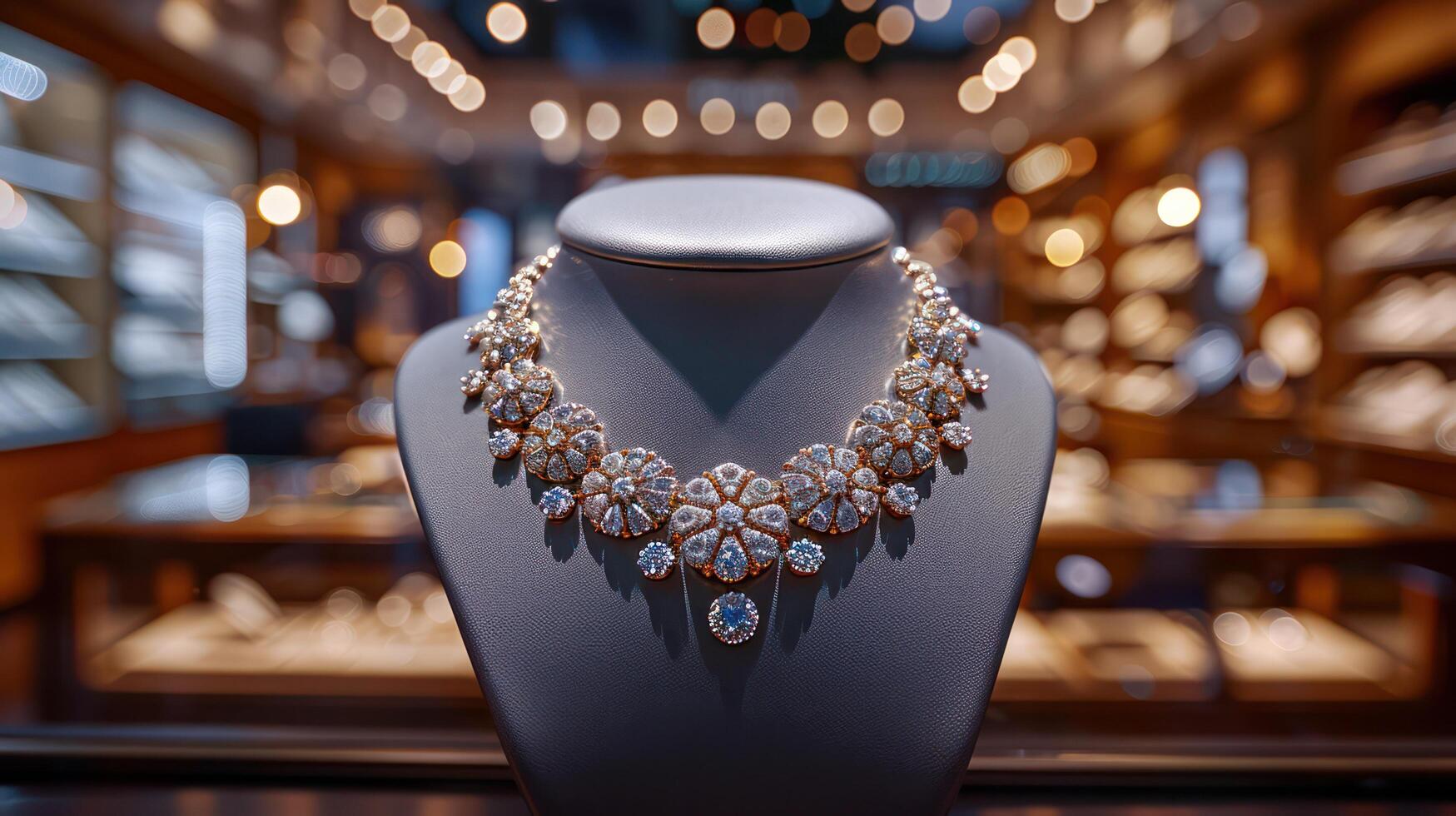 A diamond necklace displayed in a jewelry store, sparkling under the showcase lights. photo