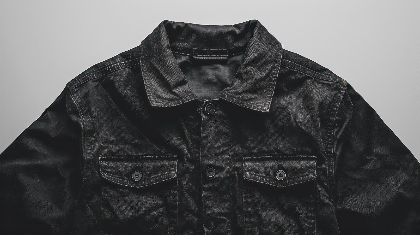 Close-up of a simple black shirt. By emphasizing details on the front contrasting with the white background. photo