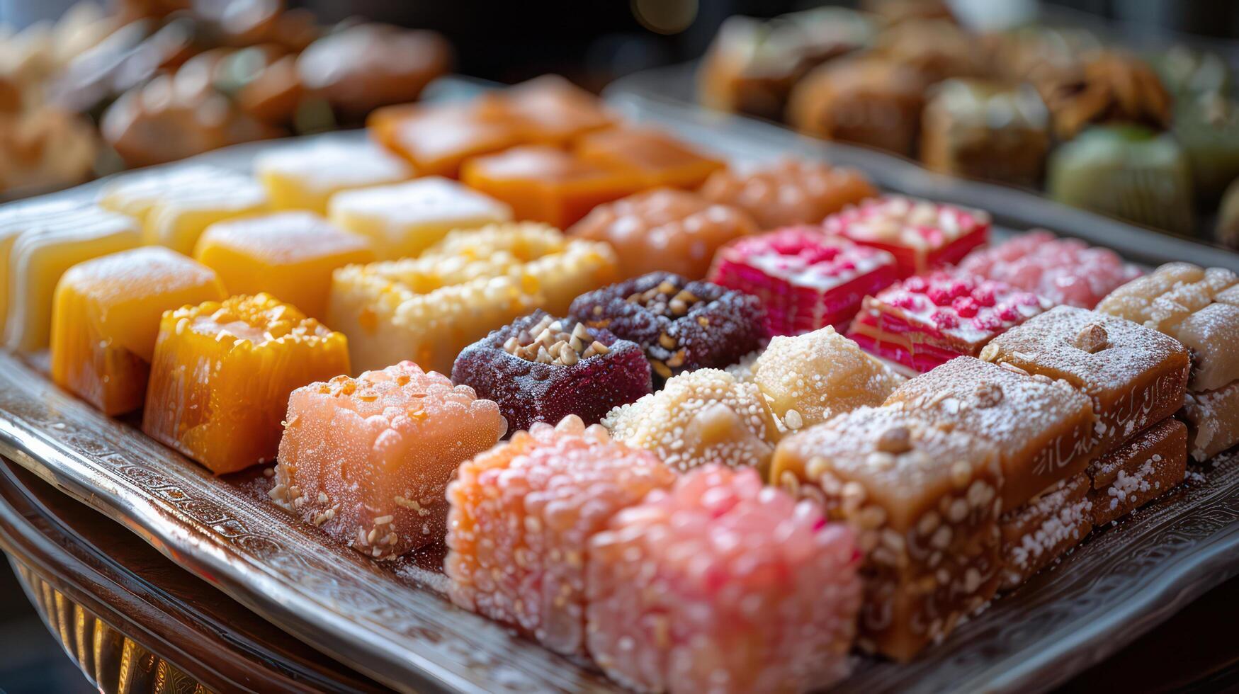 A close-up of traditional Eid Al-Adha sweets and treats arranged on a decorative plate. photo